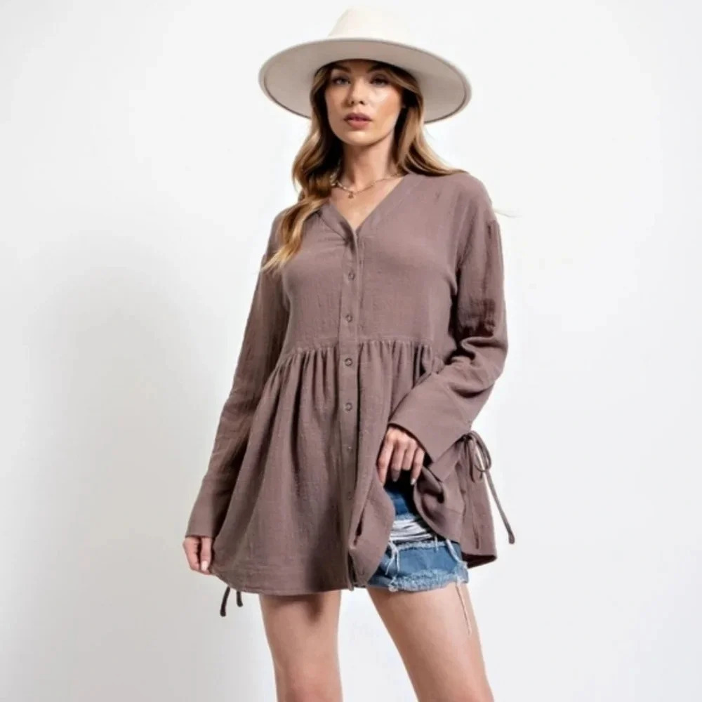 New! Easel Mocha Button Down Long Sleeve Cotton Tunic Top